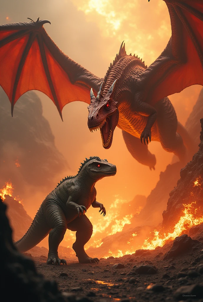 A bright, fiery, and smoke-filled cave or volcanic landscape.
Foreground:
Dragon: A red or golden dragon with massive wings spread wide, breathing fire towards the dinosaur in an intense attack.
Dinosaur: A gray or green dinosaur with large, sharp teeth, standing in a defensive stance, trying to fight back.