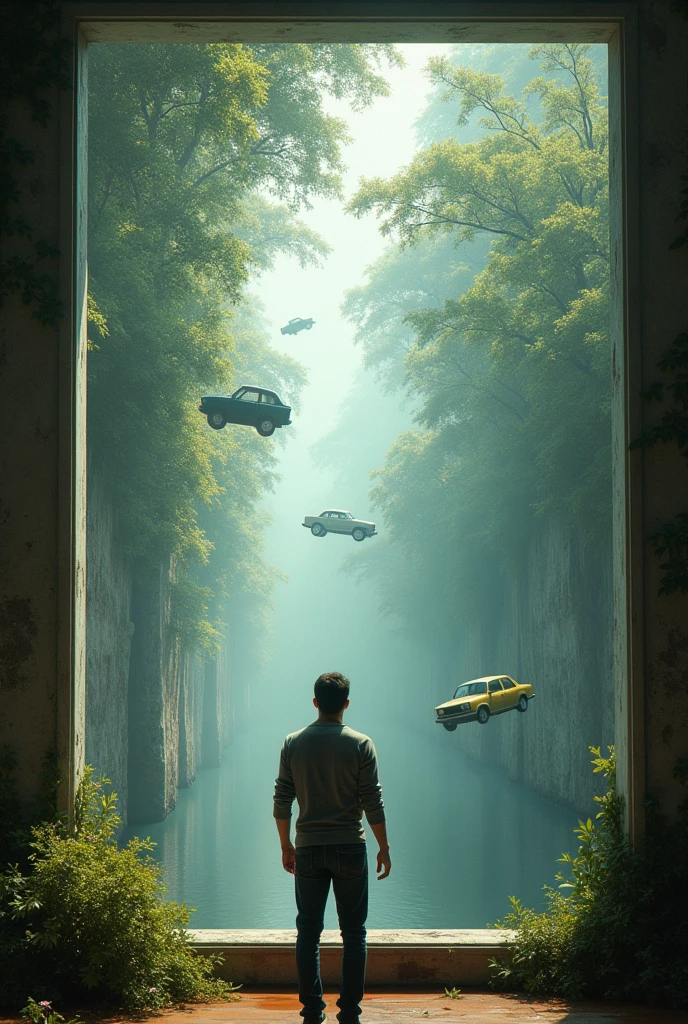 He walks to the window and looks out. Out there, sees a world where things are floating, like trees, cars and even people