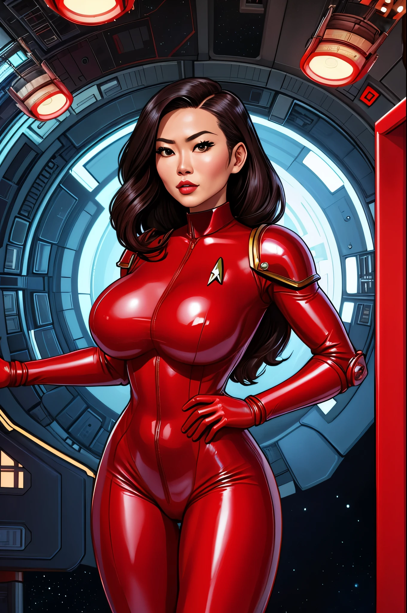 arafed woman in a red leather outfit standing in a space station, a portrait inspired by Otto Stark, trending on cg society, cobra, as a retro futuristic heroine, as a retrofuturistic heroine, sil from species, red skintight leather armor, skintight red leather armor, in a scifi movie, red body suit, star trek asian woman, wearing atompunk jumpsuit