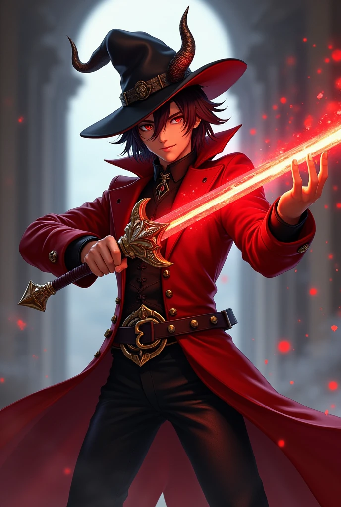 Young male red mage, wearing long victorian coat with leather belts and a three-horned hat, mid long dark hair, long red glowing rapier, flat horns sprouting from the sides of the cheeks pointing to the sides, dueling pose