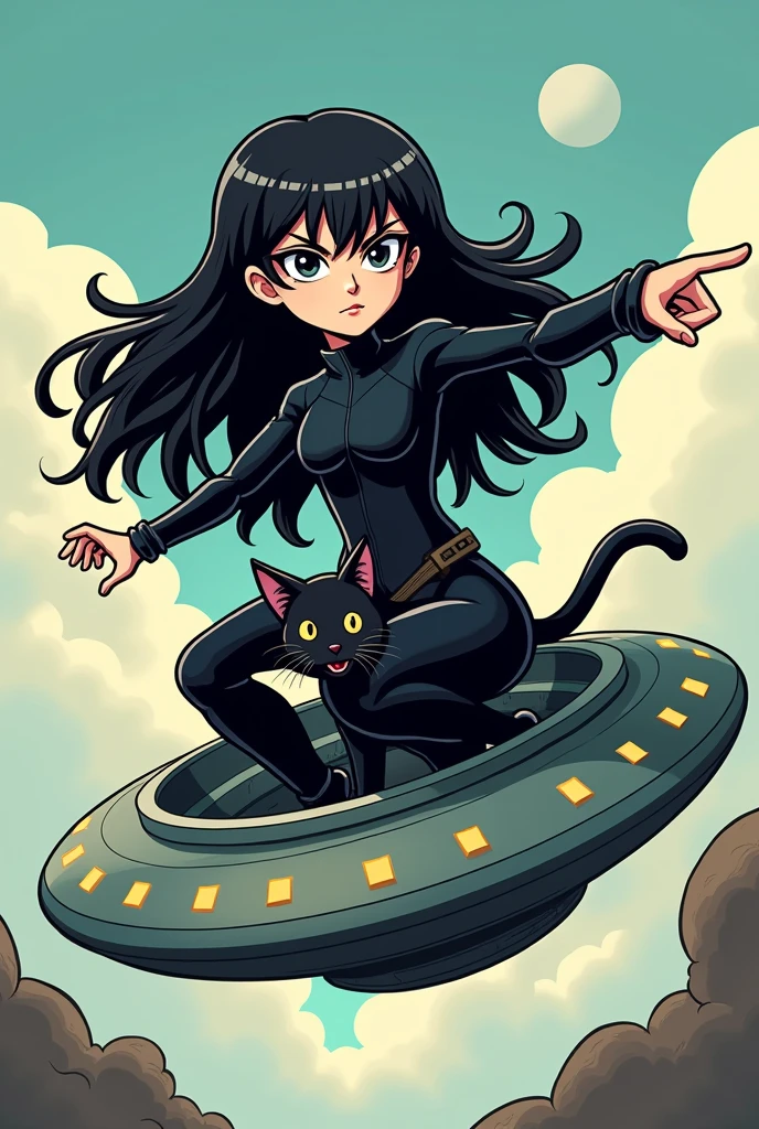 A logo of a white-skinned girl with long black hair,wearing a black jumpsuit, riding a UFO abducting a black kitten, while pointing forward, All this in military cartoon style 