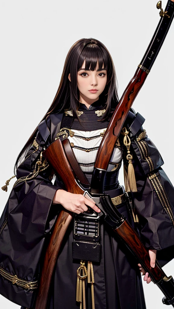 masterpiece,Highest quality,One beautiful woman, A single matchlock gun:1.2, (((matchlock))),arquebus,((Holding a gun at the side)), Long Hair, Black Hair, View your viewers, Aim,Cowboy Shot,((Black Armor)),samurai:1.2,((Pure white background)),dynamic