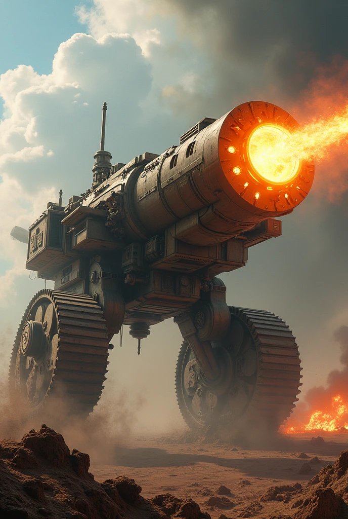 A caterpillar tank is attached to the base of a Colt-type pistol, creating a huge massacre weapon that flies low over the battlefield, spraying fire from its muzzle.。Explosion and destruction、Blow away enemy camp、Gun-shaped vehicle、