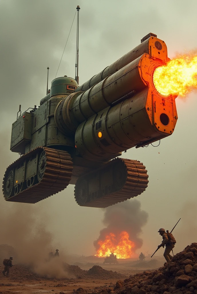 A caterpillar tank is attached to the base of a Colt-type pistol, creating a huge massacre weapon that flies low over the battlefield, spraying fire from its muzzle.。Explosion and destruction、Blow away enemy camp、Gun-shaped vehicle、