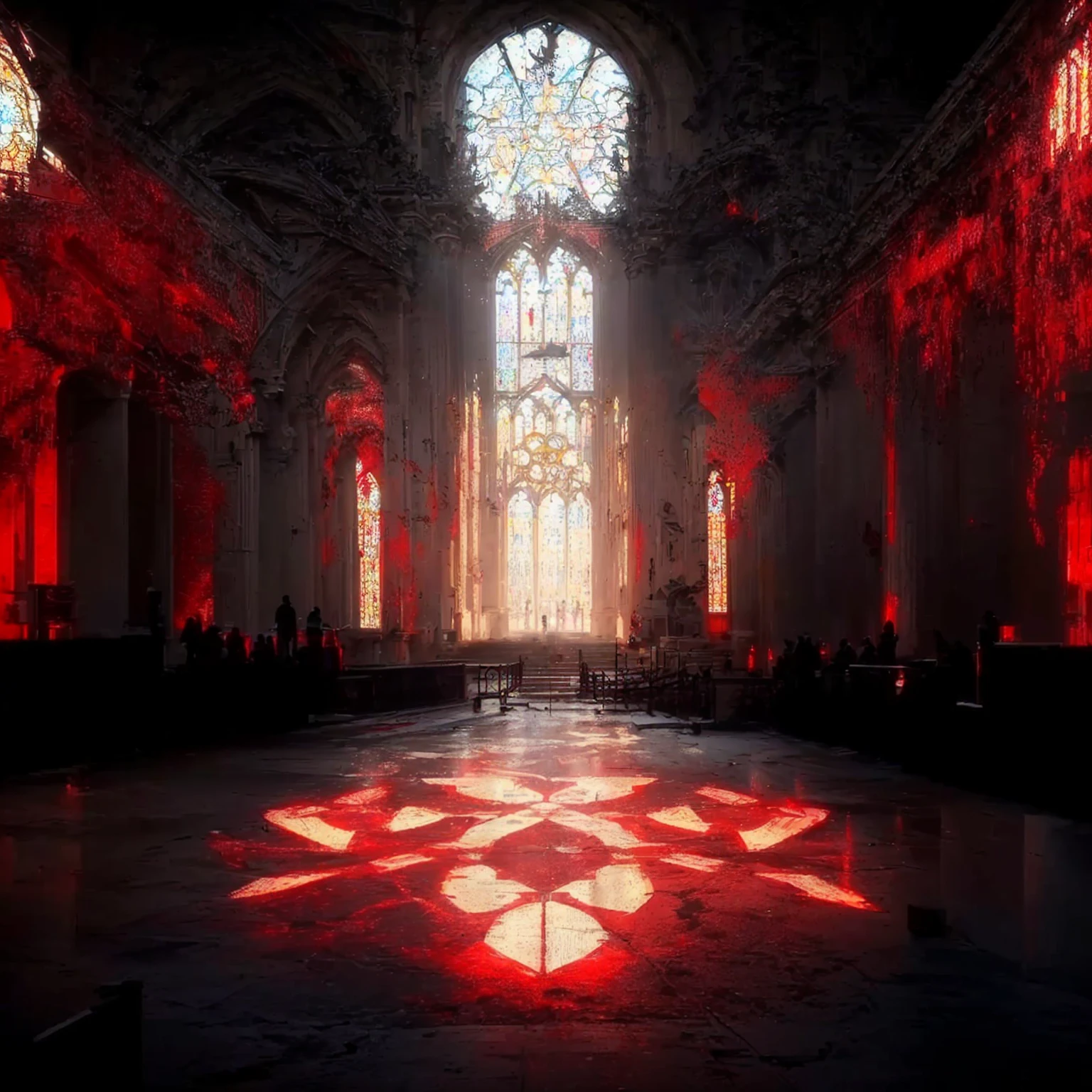 un gros plan d'une pièce avec une grande fenêtre en vitrail, cathédrale cyberpunk, cathédrale du soleil, intérieur de l'église satanique, Unreal Engine 5 rend le rendu dramatique, éclairage rouge et cinématique, Fluide rouge sur les murs de l'église, rendu détaillé du moteur Unreal Engine 5, dans une grande cathédrale, Église Cyberpunk, fenêtres mystiques de la cathédrale, Éclairage de l’Unreal Engine 5, moteur rendu irréel 5, architecture gothique-futuriste