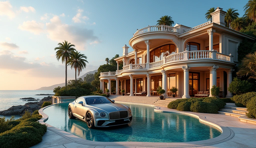 luxury home with a car parked in front of it, behind sea, luxury pool, luxury lifestyle, luxurious environment, luxury architecture, rich house, huge mansion, rich style, luxury and elite, extremely opulent, luxurious, hyper luxurious, majestic masterpiece, wealthy, luxury, stunning grand architecture, exquisite masterpiece, flaunting his wealth, inside a grand, architectural masterpiece