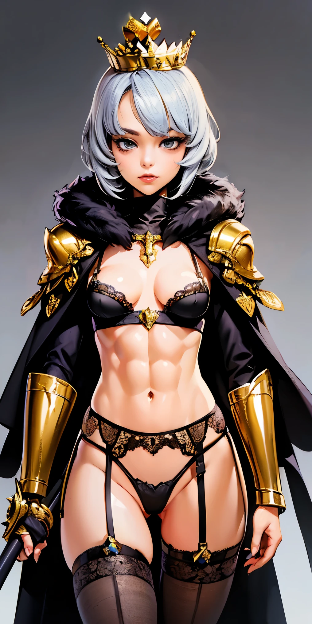 Buzz Cut , perfect anatomy 1 tall girl solo, ((skin black:1.3)), thin and thick, colored fur, ((muscular)) toned body of tall dark elf, silver pastels on breasts, ((breasts small:1.4)), silver metallic cloak, thin abdomen, ((garter belt on hips)), exposed belly, ((pressed neckline:1.3)), hourglass waist, face detailed, defined cheekbones, swollen lips, gauntlets, (((high gold crown))), shadow over eyes, looking ahead at viewer, work of art, ((high thigh white lingerie))