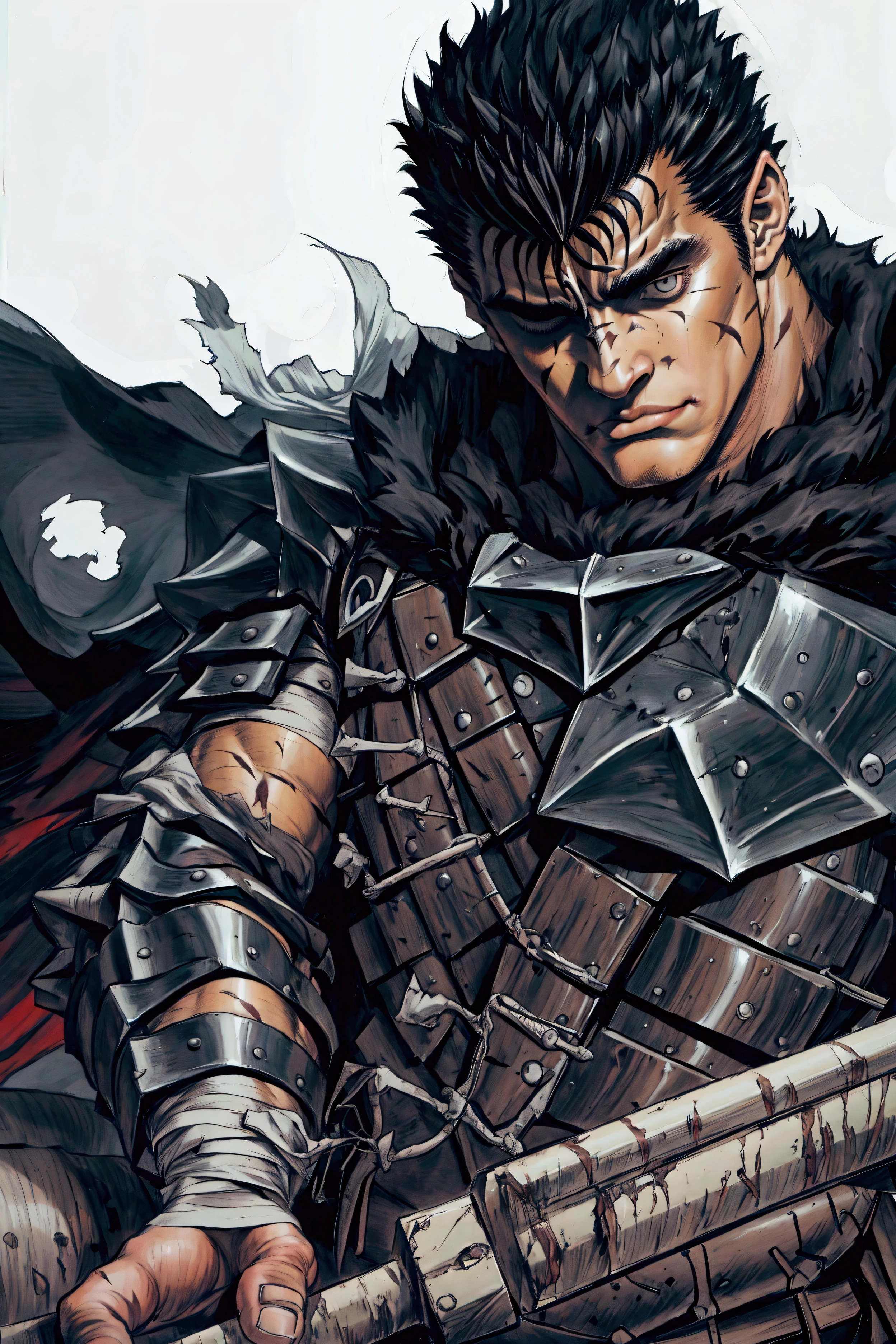 quality\(masterpiece, best quality,8k,wallpaper of extremely detailed CG unit,hight resolution,top-quality,top-quality real texture skin,hyper realisitic,increase the resolution,RAW photos,best qualtiy,highly detailed,the wallpaper\), BREAK ,solo,1boy\(guts\(berserk\),armor,(one eye\(right\) closed),holding sword\((huge:1.4),(very big:1.3), (thick:1,3),black,\), scar, bandages, black hair,shiny hair,black cape,,evil, \), BREAK ,background\(dark,solar_eclipse,huge grotesque monster\(berserk\)\),japanese manga, horror mood, evil mood, monochrome, black and white, very detailed drawing, delicate drawing, fine drawing , kentaro miura style,from below