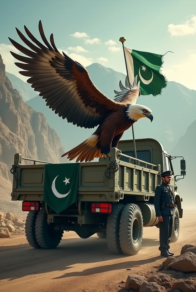 Pakistan flag on eagle on truck with soldier
Eagle close wings