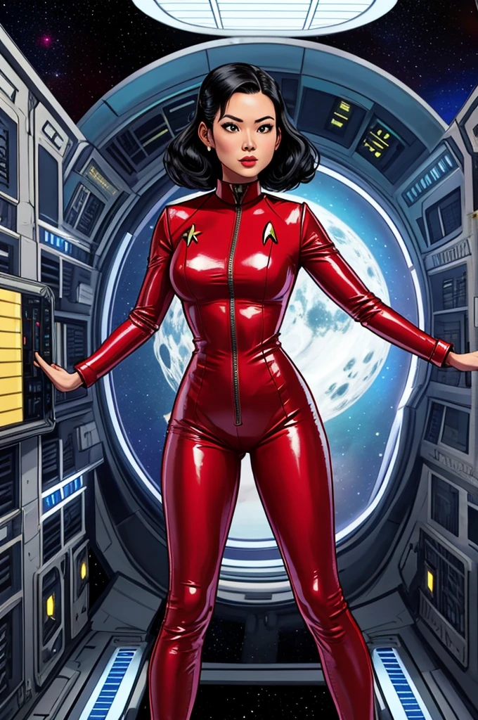 arafed woman in a red leather outfit standing in a space station, as a retro futuristic heroine, in a scifi movie, star trek asian woman, wearing atompunk jumpsuit, in a space cadet outfit, 