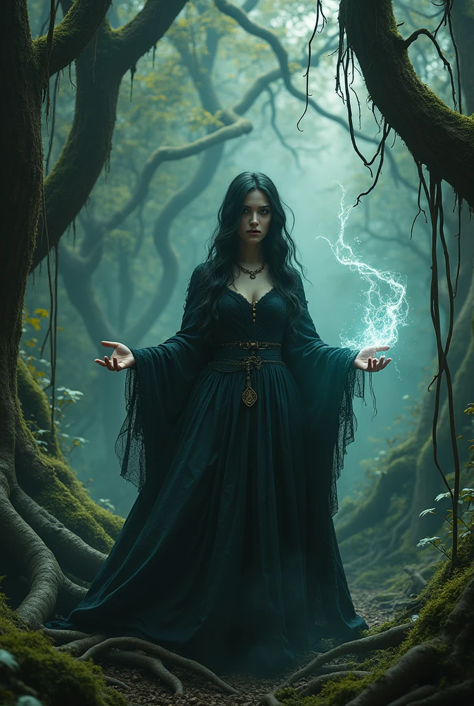 intricate,detailed and sexy witch casting a spell,dark fantasy forest,dark moody atmosphere,beautifully detailed witch face and expression,(best quality,8k,highres,masterpiece:1.2),ultra-detailed,(realistic,photorealistic,photo-realistic:1.37),volumetric lighting,dramatic lighting,dramatic shadows,lush overgrown forest,dense foliage,ancient twisted trees,gnarled roots,mystical energy,mist and fog,dark tones,deep shadows,brooding colors,rich textures,cinematic composition,powerful magic