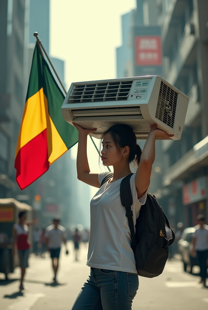 The girl has placed an air conditioner on her shoulder and has a tricolor flag below.