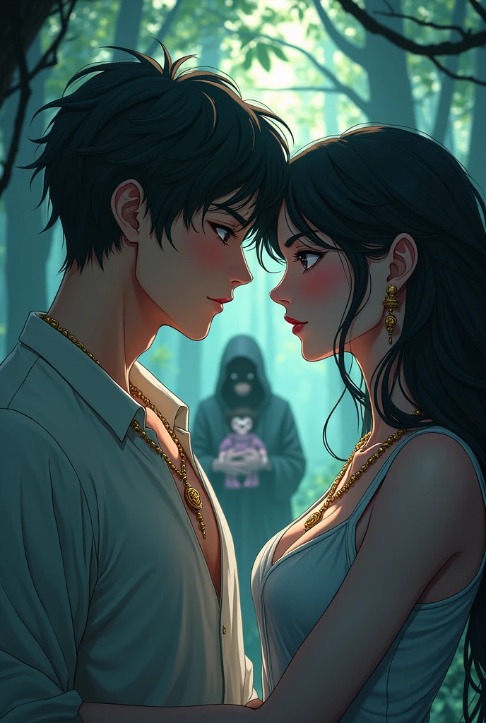 A handsome man and a woman is wearing a pendant running with the background of a forest and shadowy man is holding a girl doll. It should look like anime.