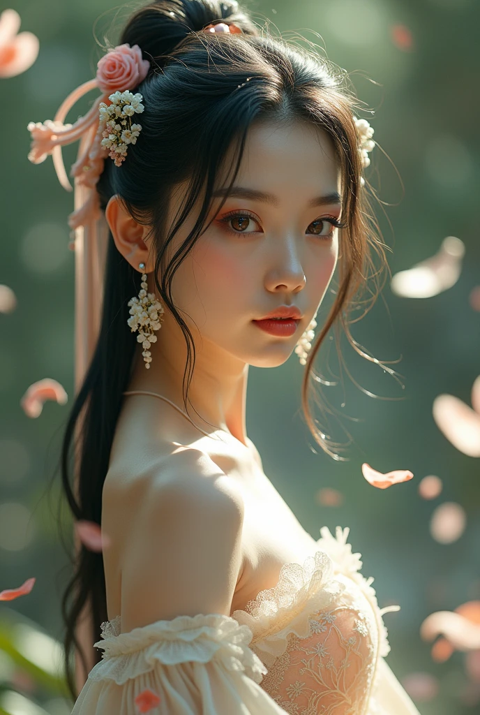 (Chiquita: 1.5), lace, cinta, Hanfu, (work of art, sidelight, dainty and comely gray eyes: 1.2), work of art, realisitic, glare eyes, shiny hair, dark hair, long hair, shining skin, standing alone, weirdcore, strapless, dainty, comely, Garden, flowers, fluttering petals,
