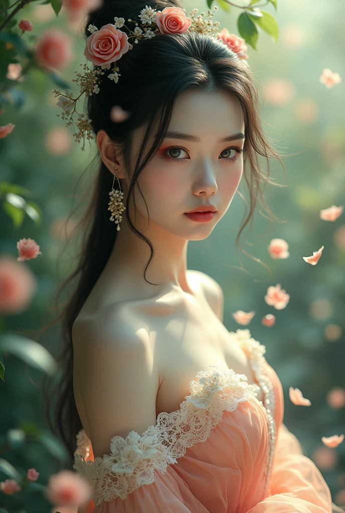 (Chiquita: 1.5), lace, cinta, Hanfu, (work of art, sidelight, dainty and comely gray eyes: 1.2), work of art, realisitic, glare eyes, shiny hair, dark hair, long hair, shining skin, standing alone, weirdcore, strapless, dainty, comely, Garden, flowers, fluttering petals,
