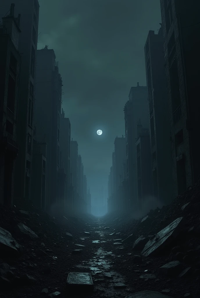 A dark and ominous scene where the sky is pitch black, with almost no visibility. The surrounding ruins of buildings are crumbling and falling apart, adding to the sense of despair. In the distance, a faint light glows softly, standing out against the darkness. This light reveals a narrow, barely visible path leading to an exit, offering a glimmer of hope amidst the destruction,