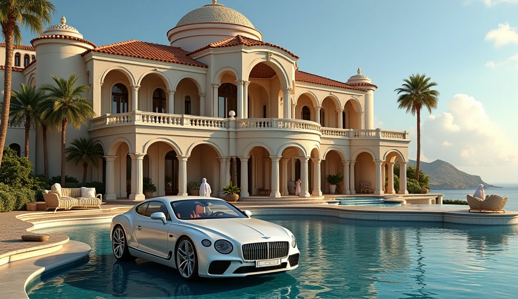 luxury home with a car parked in front of it, behind sea, 4 muslim woman behind luxury pool, luxury lifestyle, luxurious environment, luxury architecture, rich house, huge mansion, rich style, luxury and elite, extremely opulent, luxurious, hyper luxurious, majestic masterpiece, wealthy, luxury, stunning grand architecture, exquisite masterpiece, flaunting his wealth, inside a grand, architectural masterpiece