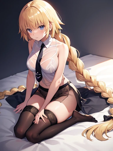 masterpiece,best quality,high resolution,jeanne darc, blonde hair, blue eyes, long hair,bare shoulders, black necktie, black thighhighs, braid, long braid, miniskirt, navel, necktie, shirt, single braid, sleeveless, sleeveless shirt, thighhighs, white shirt,(((see through))),full body on the bed,leaning forward,embarrassed,
