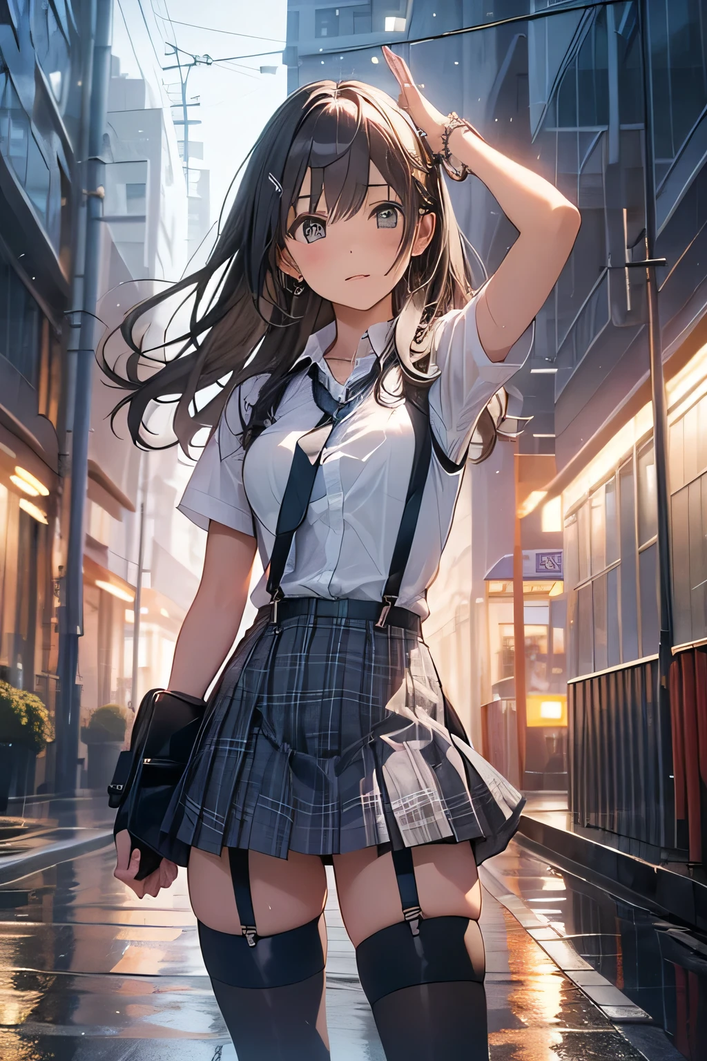 1 female, , high quality, masterpiece, Ultra-high resolution, Cinema Lighting, 1 female, , high quality, masterpiece, Ultra-high resolution, , Cinema Lighting, suspenders Moderate breasts Small face Looking up Sweat Thin belt buzzer 脇Sweat garter belt Belt on pants holster Hands behind your back Looking up Anxious face Knee-high Knee socks Knee-highソックス garter ふとももにgarter belt Checkered mini skirt Panty shot Skirt gap Armament holster holster Hands behind your back Anxious expression Anxious face, legs apart Armament Leg Holster holster See-through clothing heavy rain Rain-soaked dress shirt,Moderate breasts ガーターbelt suspenders Garter on the thigh Checkered mini skirt Looking up Pause belt Armpit sweat Hands behind back Raise your hands