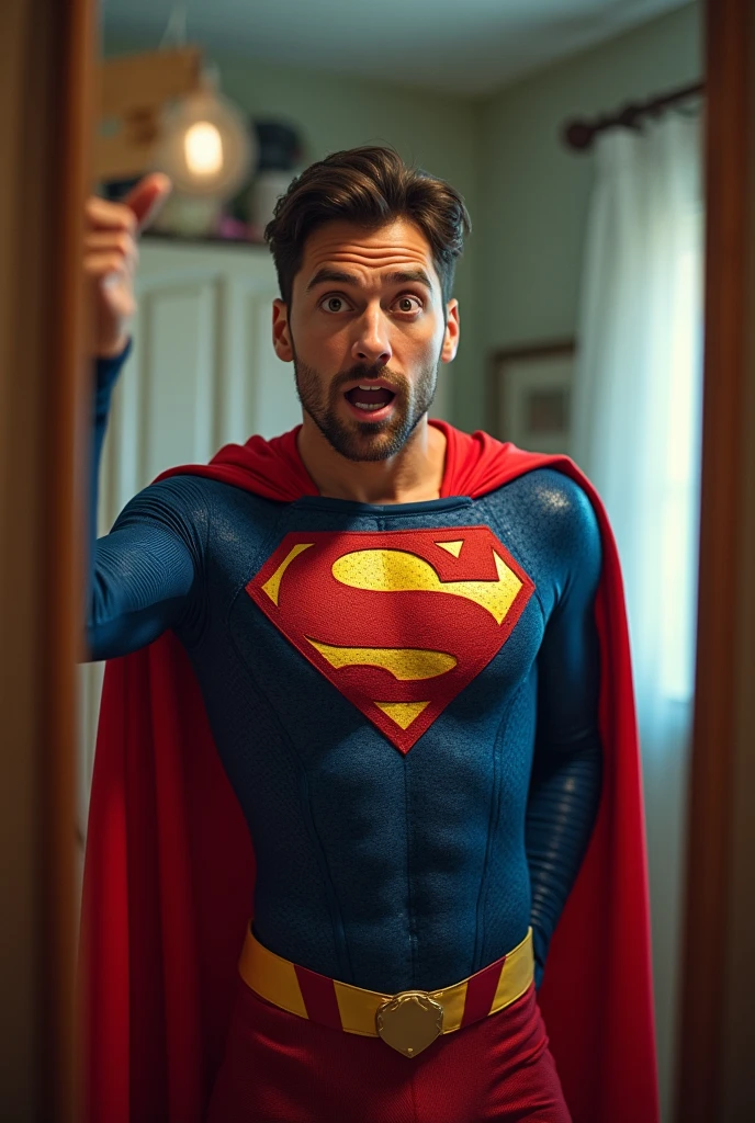 John runs to the mirror and is surprised to see that he is wearing a superhero costume., with cover and everything