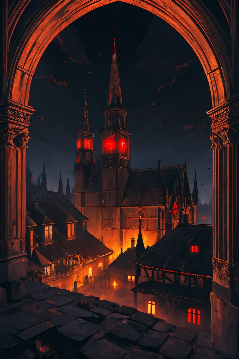 old European village shot with bird view, (Red glowing eyes), masterpiece, Depth of written boundary, Lutz, Gwaites style artwork, Gothic aesthetics, Dark Vampire village, ((in the dark gothic style cathle:1)), ((dark mid-night time:1.5)),