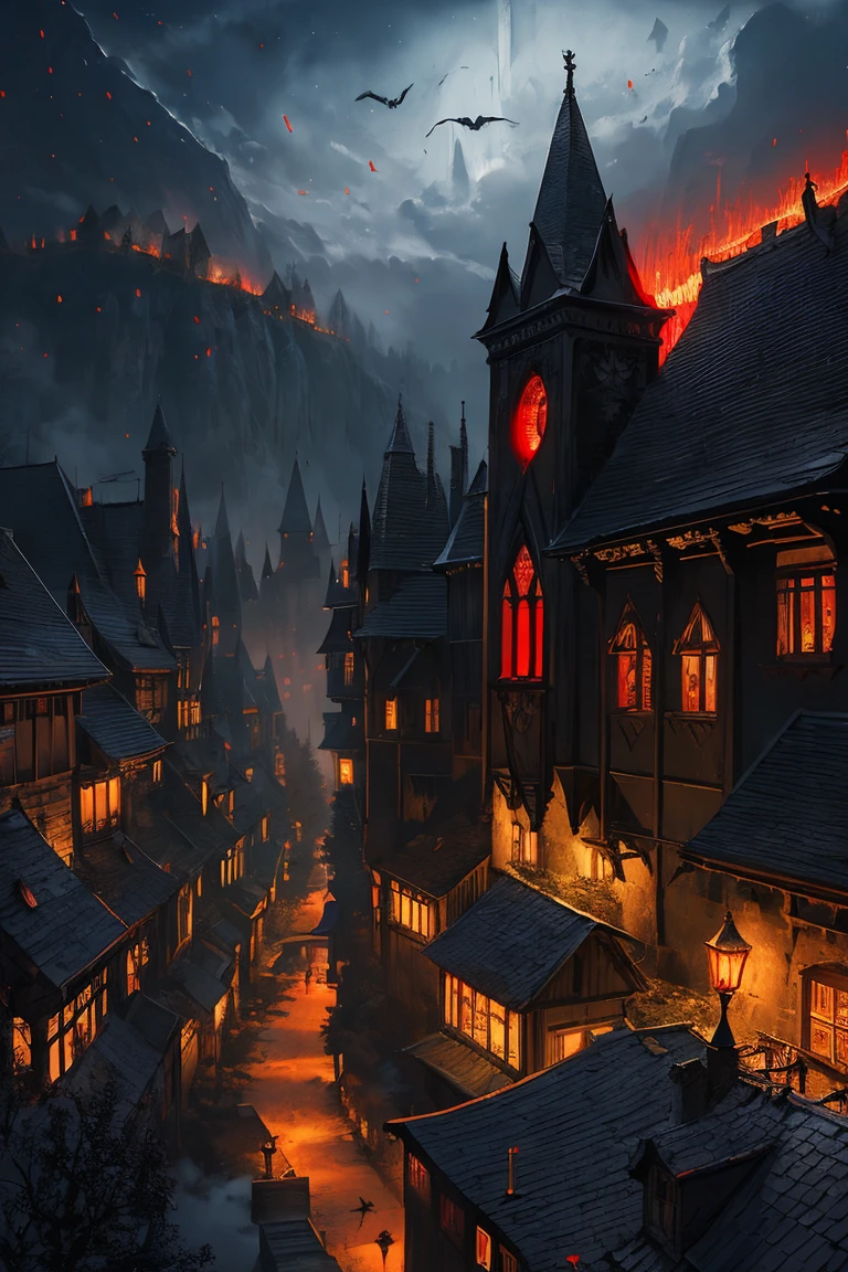 old European village shot with bird view, (Red glowing eyes), masterpiece, Depth of written boundary, Lutz, Gwaites style artwork, Gothic aesthetics, Dark Vampire village, ((in the dark gothic style cathle:1)), ((dark mid-night time:1.5)),
