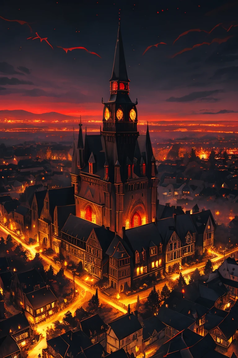 old European village shot with bird view, (Red glowing eyes), masterpiece, Depth of written boundary, Lutz, Gwaites style artwork, Gothic aesthetics, Dark Vampire village, ((in the dark gothic style cathle:1)), ((dark mid-night time:1.5)),