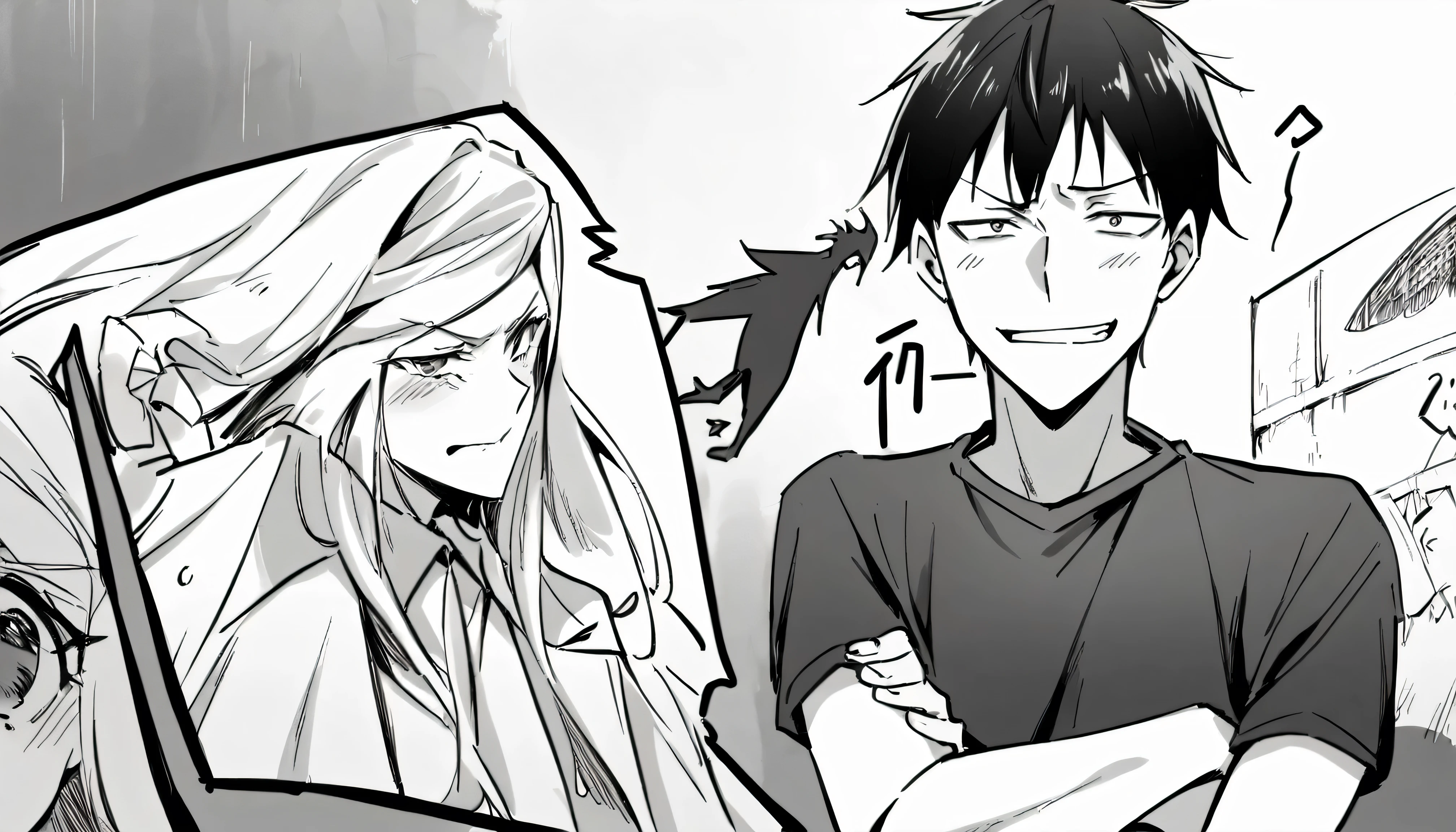 2girl and 1boy looking at me, mocking smile, showing their dark reality and laughing, wall in background, black and white manga image.