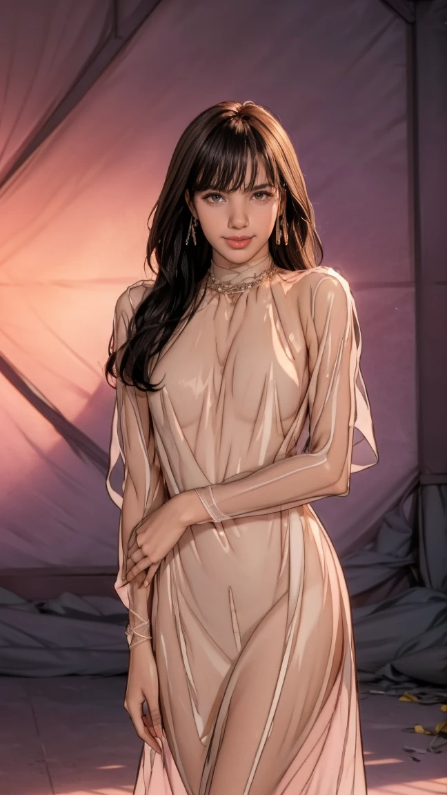 8k, masterpiece, RAW photo, best quality, photorealistic, extremely detailed CG unity 8k wallpaper, Depth of field, Cinematic Light, Lens Flare, Ray tracing, (extremely beautiful face, beautiful lips, beautiful eyes), intricate detail face, ((ultra detailed skin)) 1girl, in the dark, deep shadow, pretty Asian girl, idol,(very slim slender fit-muscled body:1.3), ((looking at viewer)),(big smile:1.3), (cityscape, blurry background), (dim lights, rooftops, veranda), pretty girl, earrings, bracelets, necklace, clear eyes, walking , front shot, (pale skin), face forward, (big eyes), ((full body shot)), ((black silk Laced)), ((see-through red color sleep gown:1.3)), (brown hairs) (looking at viewer:1.3), (laced panty), open breast, medium breasts, have a sheen , (See through, pink sleeping gown :1.3), veranda