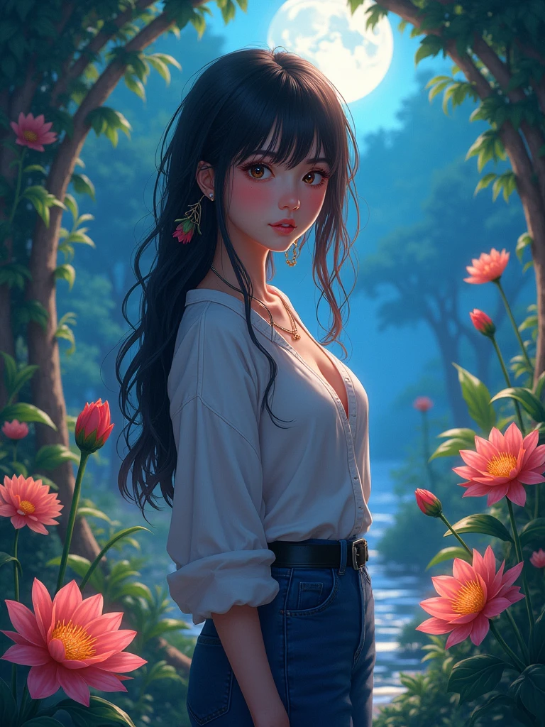 a beautiful young lady, wearing beautiful casual clothes, in garden of flowers, full body pictures, realistic anime version, fantasy, night vision