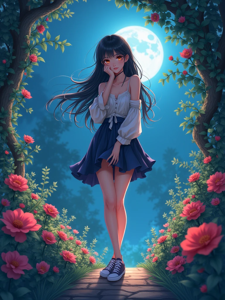 a beautiful young lady, wearing beautiful casual clothes, in garden of flowers, full body pictures, realistic anime version, fantasy, night vision