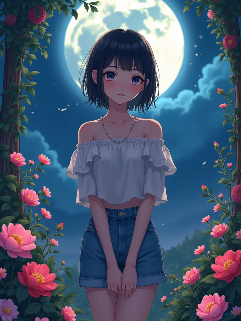 a beautiful young lady, wearing beautiful casual clothes, in garden of flowers, full body pictures, realistic anime version, fantasy, night vision