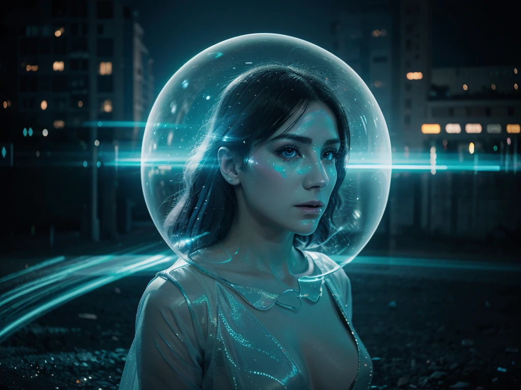 A shimmering, translucent digital ghost, its form outlined in neon hues against a dark backdrop. This captivating image is a digital concept art piece, showcasing the ghostly figure in a futuristic, glitzy setting. The ghost itself appears ethereal and otherworldly, with intricate neon patterns running through its ghostly form, giving it a modern and mesmerizing appearance. The image is rendered with exquisite precision, bringing out every detail of the ghost's glowing, ethereal presence.