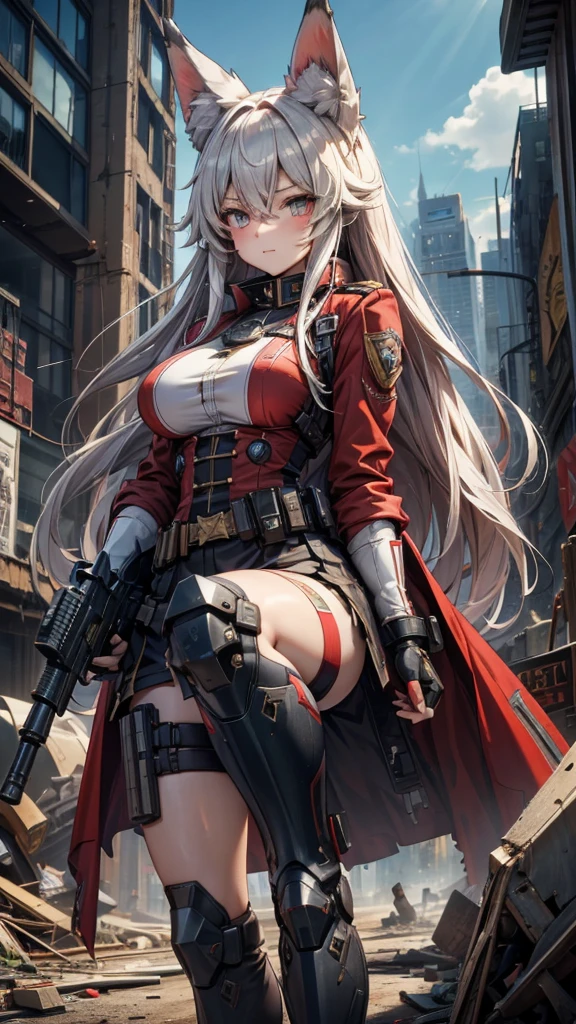 The metropolis of the future.A lovely and charming girl,Wolf ears,long hair,Big breasts,All American Body,Wearing a red and white combat uniform,Wearing a combat coat,Holding a submachine gun,in the ruined city