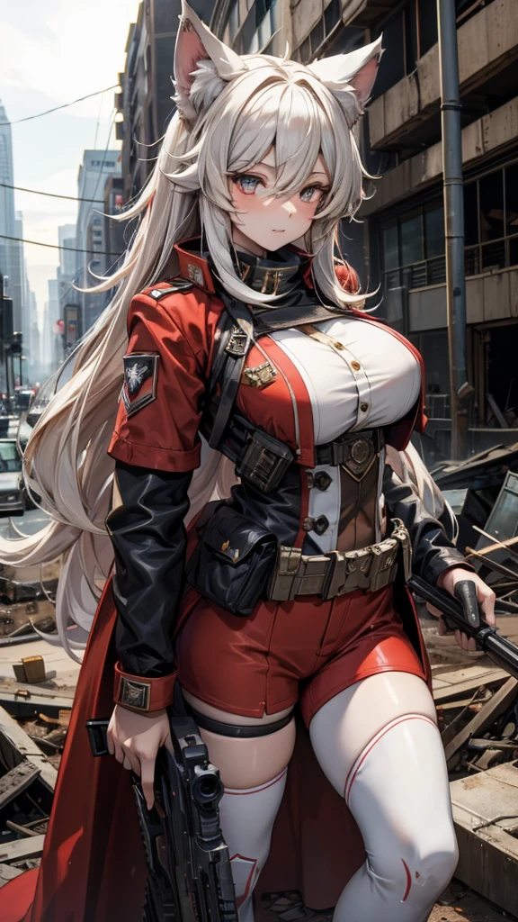 The metropolis of the future.A lovely and charming girl,Wolf ears,long hair,Big breasts,All American Body,Wearing a red and white combat uniform,Wearing a combat coat,Holding a submachine gun,in the ruined city