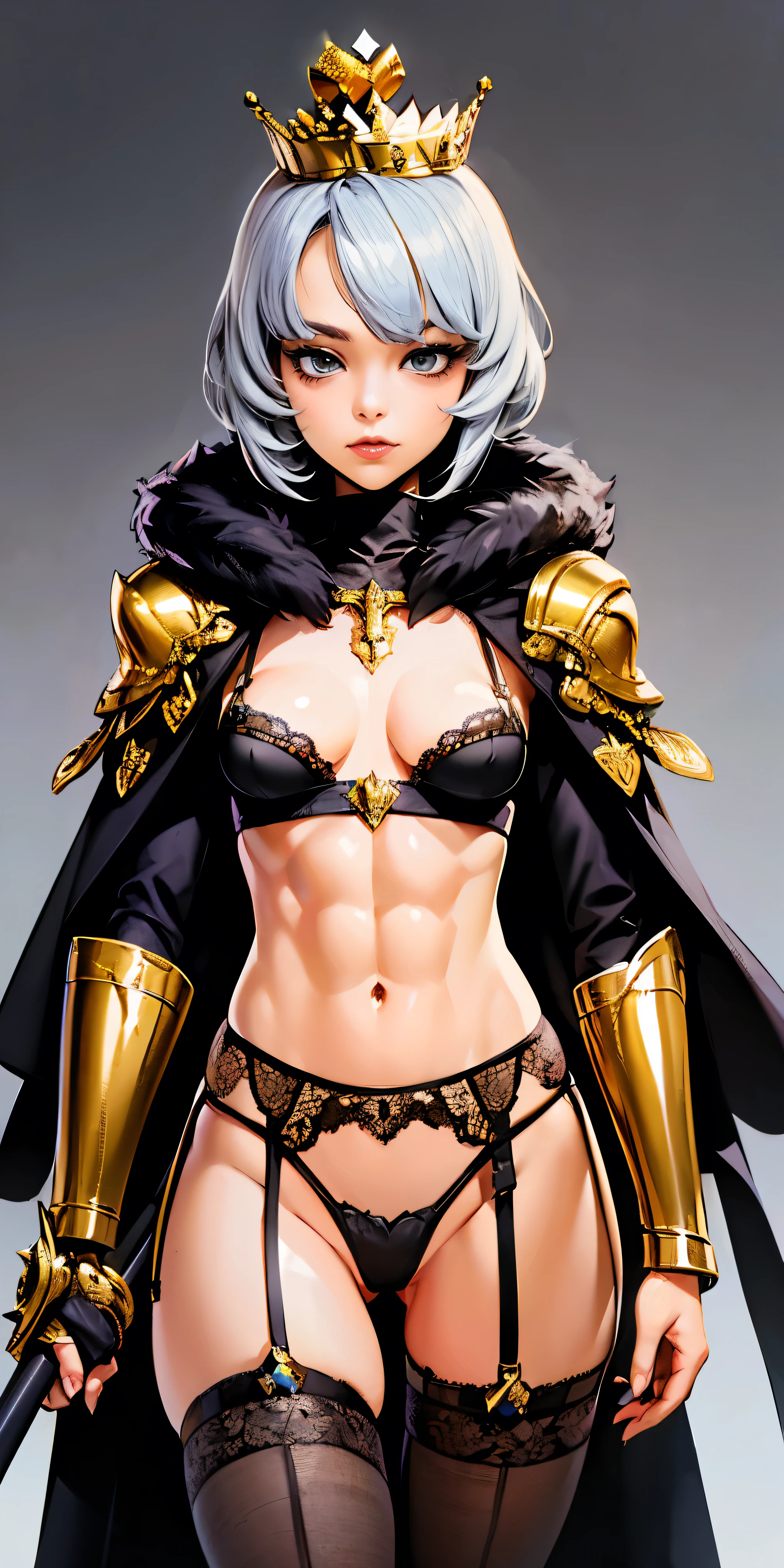 Buzz Cut , perfect anatomy 1 tall girl solo, ((skin black:1.3)), thin and thick, colored fur, ((muscular)) toned body of tall dark elf, silver pastels on breasts, ((breasts small:1.4)), silver metallic cloak, thin abdomen, ((garter belt on hips)), exposed belly, ((pressed neckline:1.3)), hourglass waist, face detailed, defined cheekbones, swollen lips, gauntlets, (((high gold crown))), shadow over eyes, looking ahead at viewer, work of art, ((high thigh white lingerie))