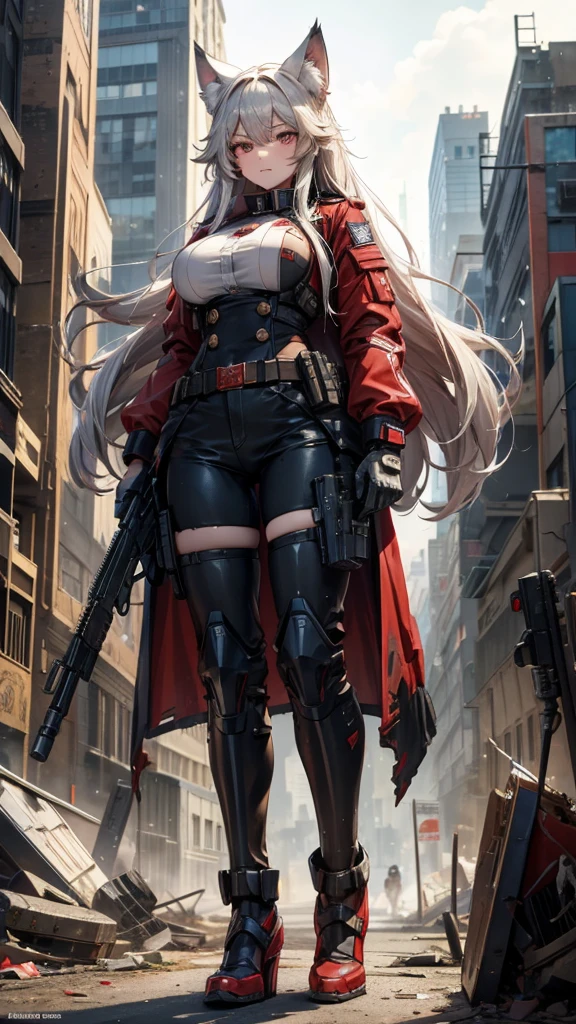 The metropolis of the future.A lovely and charming girl,Wolf ears,long hair,Big breasts,All American Body,Wearing a red and white combat uniform,Wearing a combat coat,Holding a submachine gun,in the ruined city