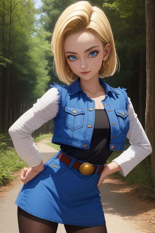 android 18, 1girl, solo, blue eyes, short hair, blonde hair, earrings,
denim skirt, blue skirt, pencil skirt, black shirt, long sleeves, striped sleeves, brown belt, black pantyhose, denim vest, blue vest,
smile,closed mouth,cowboy shot,
forest,outdoor,
(insanely detailed, beautiful detailed face, masterpiece, best quality) cinematic lighting,