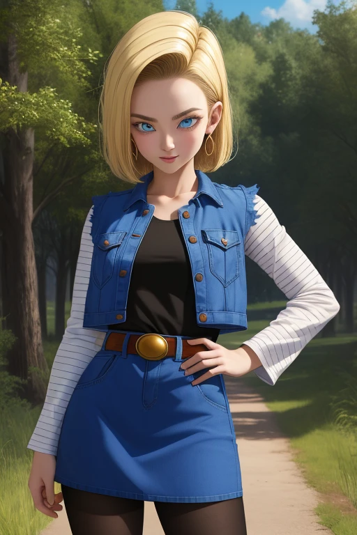 android 18, 1girl, solo, blue eyes, short hair, blonde hair, earrings,
denim skirt, blue skirt, pencil skirt, black shirt, long sleeves, striped sleeves, brown belt, black pantyhose, denim vest, blue vest,
smile,closed mouth,cowboy shot,
forest,outdoor,
(insanely detailed, beautiful detailed face, masterpiece, best quality) cinematic lighting,