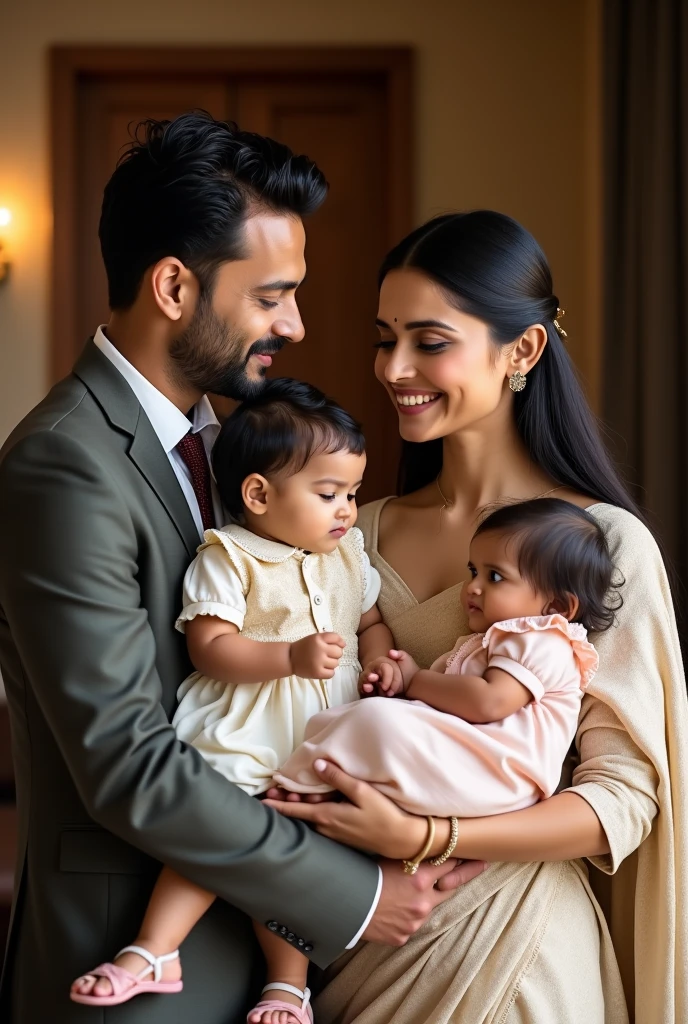 A power couple with 5 year old son in man's arm and 6 month old daughter in women's arm indian couple and girl also dressed
