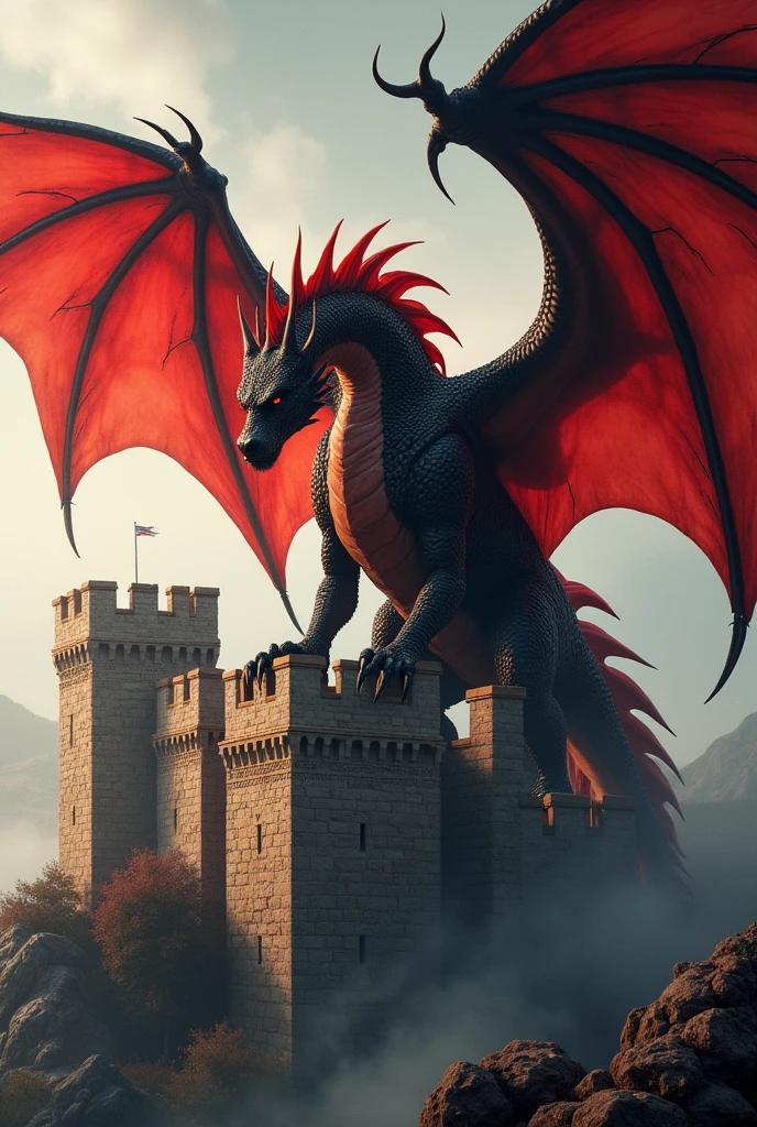 The Inner Guardian Red and Black Western Dragon on Top of a Brave Castle Prints