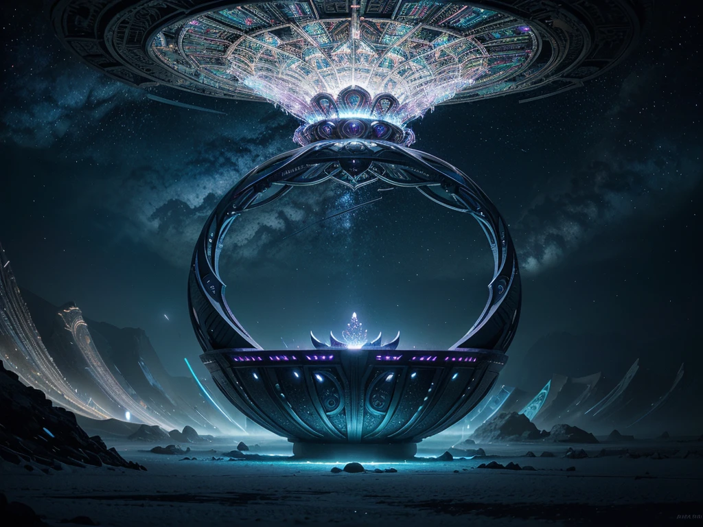 A grandiose eldritch galactic gondola hovers amidst cosmic swirls, an intricate vessel embodying both ancient wisdom and otherworldly power. This mesmerizing concept art blends elements of surrealism and sci-fi, capturing the gondola in a vivid painting that sparkles with energy. Its elongated shape is adorned with intricate arcane symbols, while neon-lit crystals pulse with ethereal light. The image is filled with an aura of mystery and grandeur, enticing viewers to delve into the unknown depths of the galactic realm it represents.