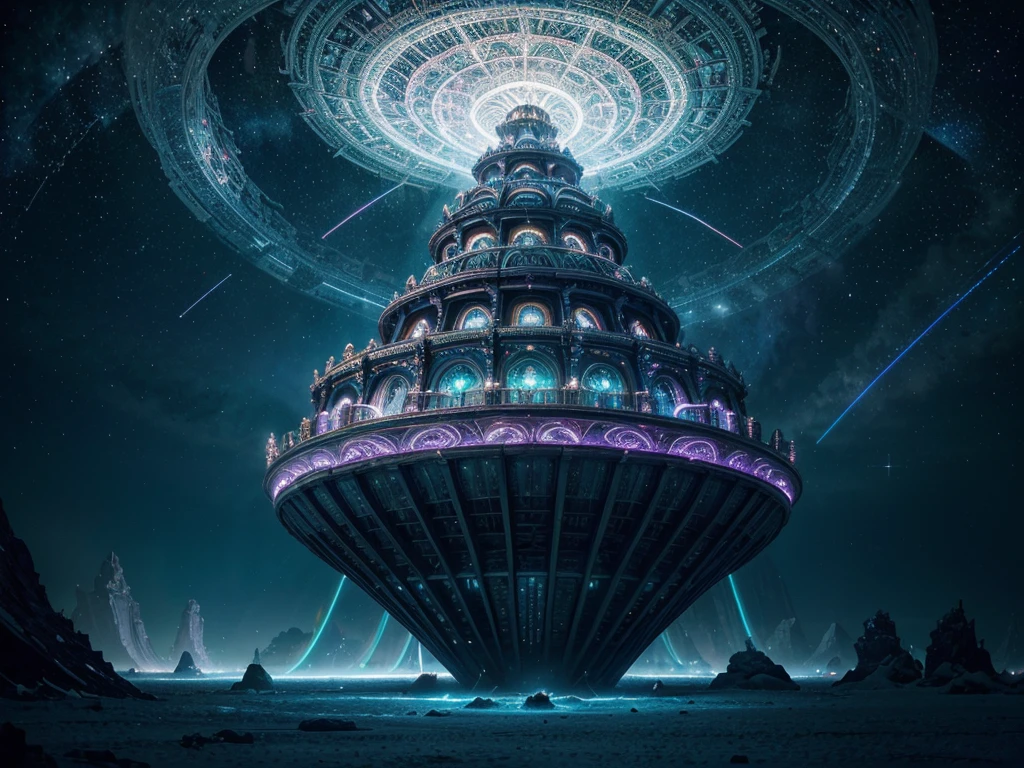 A grandiose eldritch galactic gondola hovers amidst cosmic swirls, an intricate vessel embodying both ancient wisdom and otherworldly power. This mesmerizing concept art blends elements of surrealism and sci-fi, capturing the gondola in a vivid painting that sparkles with energy. Its elongated shape is adorned with intricate arcane symbols, while neon-lit crystals pulse with ethereal light. The image is filled with an aura of mystery and grandeur, enticing viewers to delve into the unknown depths of the galactic realm it represents.
