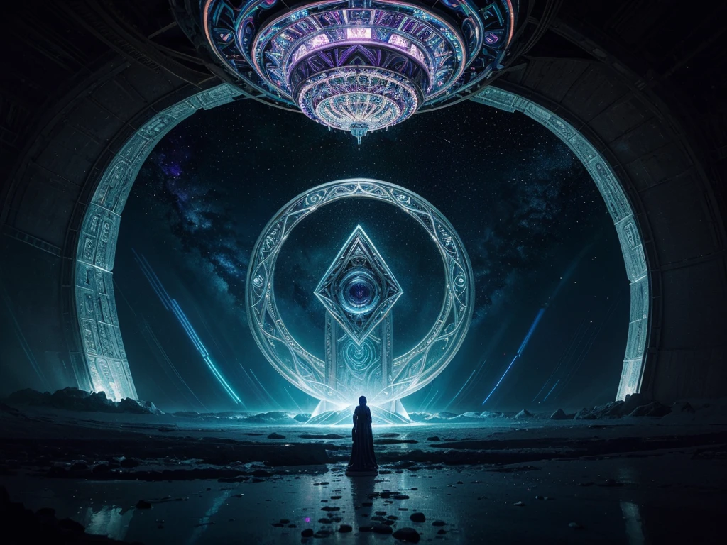 A grandiose eldritch galactic gondola hovers amidst cosmic swirls, an intricate vessel embodying both ancient wisdom and otherworldly power. This mesmerizing concept art blends elements of surrealism and sci-fi, capturing the gondola in a vivid painting that sparkles with energy. Its elongated shape is adorned with intricate arcane symbols, while neon-lit crystals pulse with ethereal light. The image is filled with an aura of mystery and grandeur, enticing viewers to delve into the unknown depths of the galactic realm it represents.