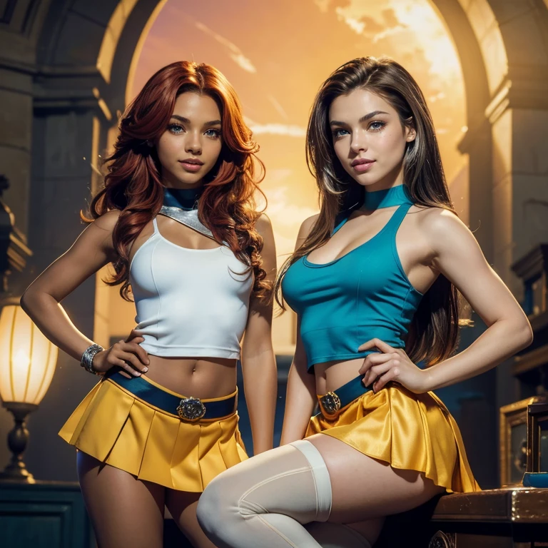 (​masterpiece, best quality:1.5), highest quality, High resolution, super detailed, Realists, Full body photo of 18-year-old Starfire from  Titans, detailed and beautiful green eyes, beautiful detailed lips, very detailed eyes and face, longeyelashes, additional eyebrows in the forehead area, Beautiful and colorful makeup, Fighting Pose, dark red hair, slightly orange skin, bright daylight, bright colors, fine brushstrokes, Portrait style, beautiful color palette, glowing skin, First-class rendering, that captures every detail, enchanting atmosphere, (perfect anatomy:1.2), (The two stunning Starfires wear a shining tank top with shoulder pads, silver skirt and dark blue overknee boots.Animated series Teenans 2003, You fly,  Your hands radiate energy. She smiles with joy, panoramic view:1.2)