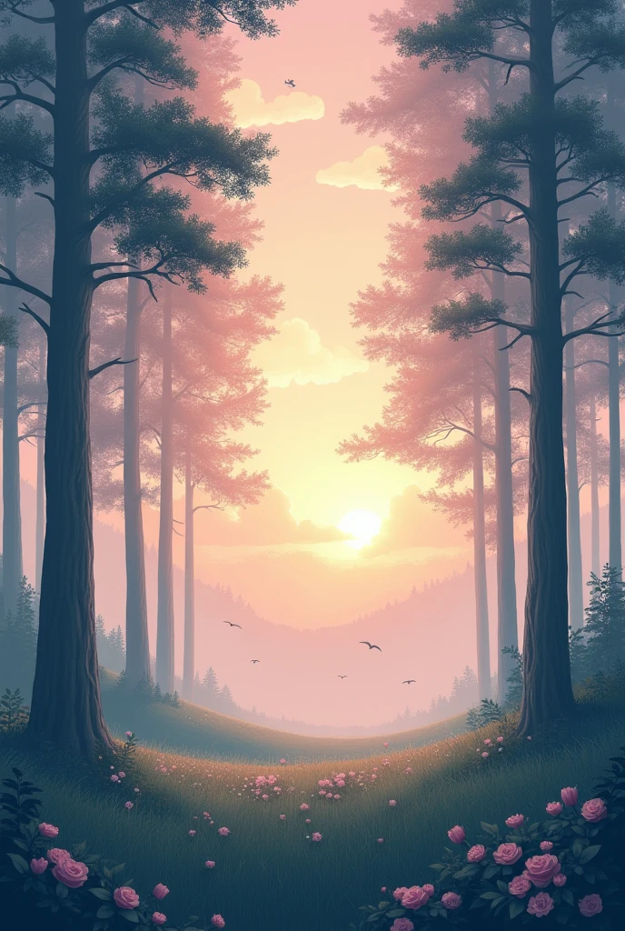 "Create a serene and comforting image. The scene should depict a peaceful natural environment, like a dense forest with tall trees, whose canopies create a soft shadow effect, or an open field at dawn, with the sun rising over the horizon, casting long shadows. The sky should have soft colors, like hues of lilac and rose, With delicate clouds. The image should convey a sense of refuge and protection, where anyone would feel safe and welcome. Include the verse 'He who dwells in the shelter of the Most High, will rest in the shadow of the Almighty' in a light and harmonious cursive font, positioned discreetly at the bottom of the image, so that the visual environment is the main focus. Add elements that reinforce the feeling of peace, like birds in gentle flight or a light mist in the background. The main colors should be soft shades of green, blue and white, creating an atmosphere of calm and safety."