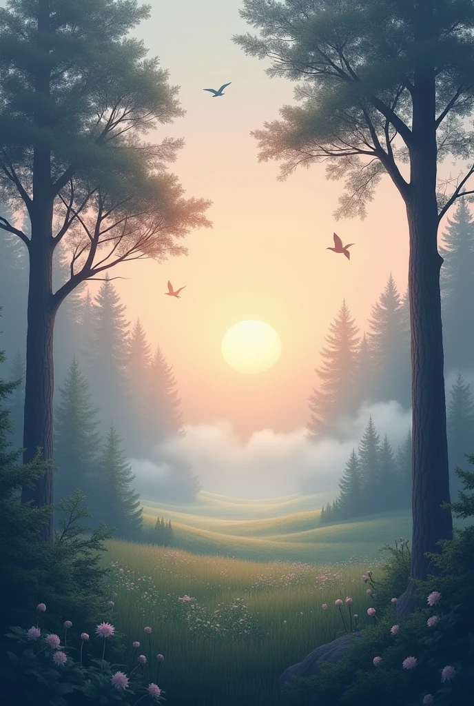 "Create a serene and comforting image. The scene should depict a peaceful natural environment, like a dense forest with tall trees, whose canopies create a soft shadow effect, or an open field at dawn, with the sun rising over the horizon, casting long shadows. The sky should have soft colors, like hues of lilac and rose, With delicate clouds. The image should convey a sense of refuge and protection, where anyone would feel safe and welcome. Include the verse 'He who dwells in the shelter of the Most High, will rest in the shadow of the Almighty' in a light and harmonious cursive font, positioned discreetly at the bottom of the image, so that the visual environment is the main focus. Add elements that reinforce the feeling of peace, like birds in gentle flight or a light mist in the background. The main colors should be soft shades of green, blue and white, creating an atmosphere of calm and safety."