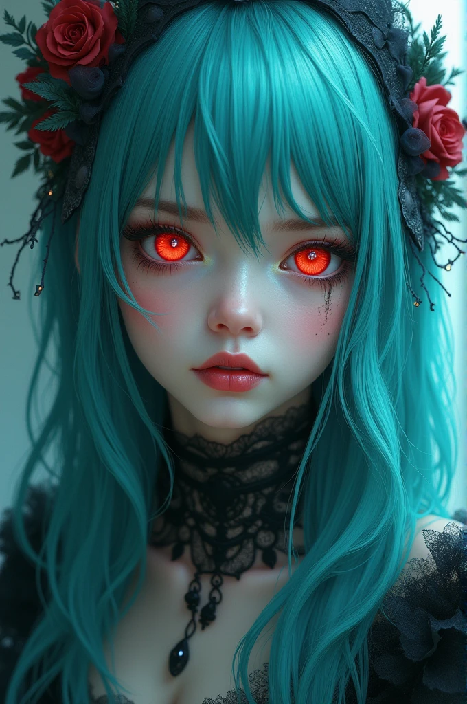 Aqua hair, red eyes