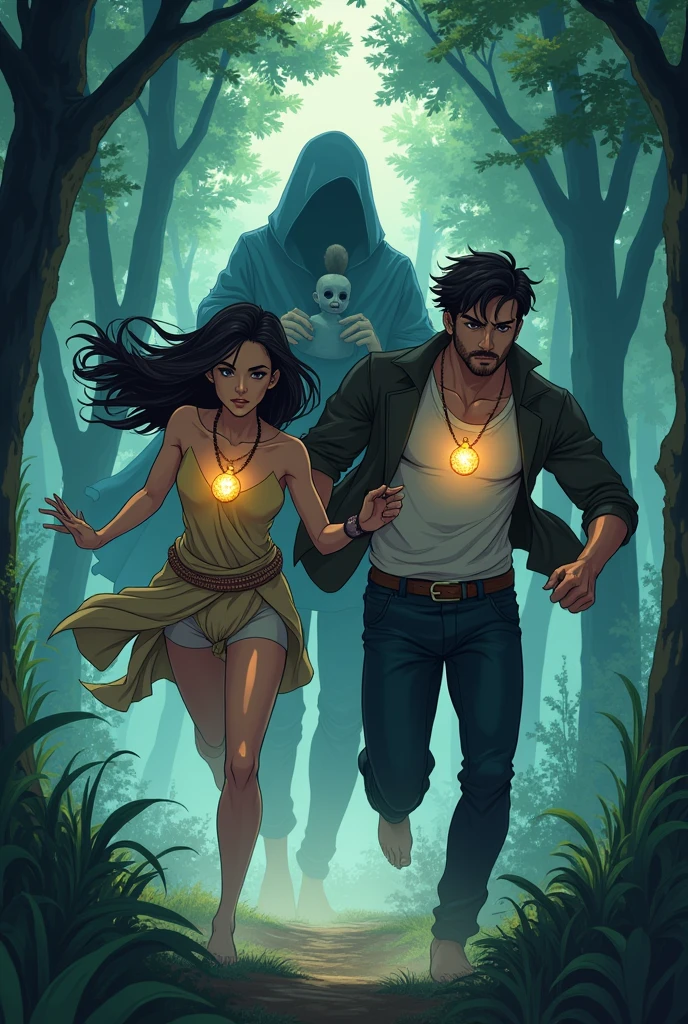 A handsome man and a woman is wearing a pendant are running with the background of a forest and shadowy man is holding a girl doll. It should look like anime.