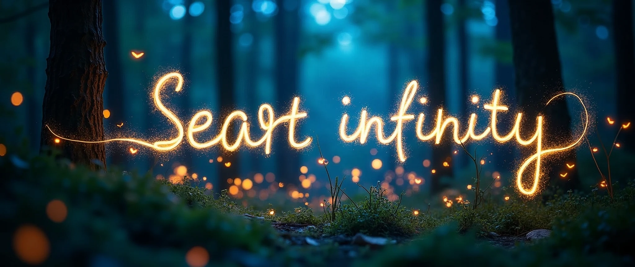 Light trail photography,,(蛍のbeautiful光の残像で"Write the words Seaart infinity:0),(All letters are connected by the afterimage of light.),(masterpiece:1.2,Highest quality,Ultra-high resolution,Very detailed,8k,Realistic,Best aesthetics),beautiful,(dynamic),(From below:2.0),in the forest